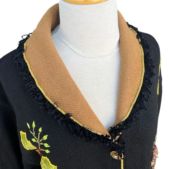 VTG Storybook Knits Holiday Floral Cardigan Sweater Embellished Black Gold Large - Picture 8 of 16